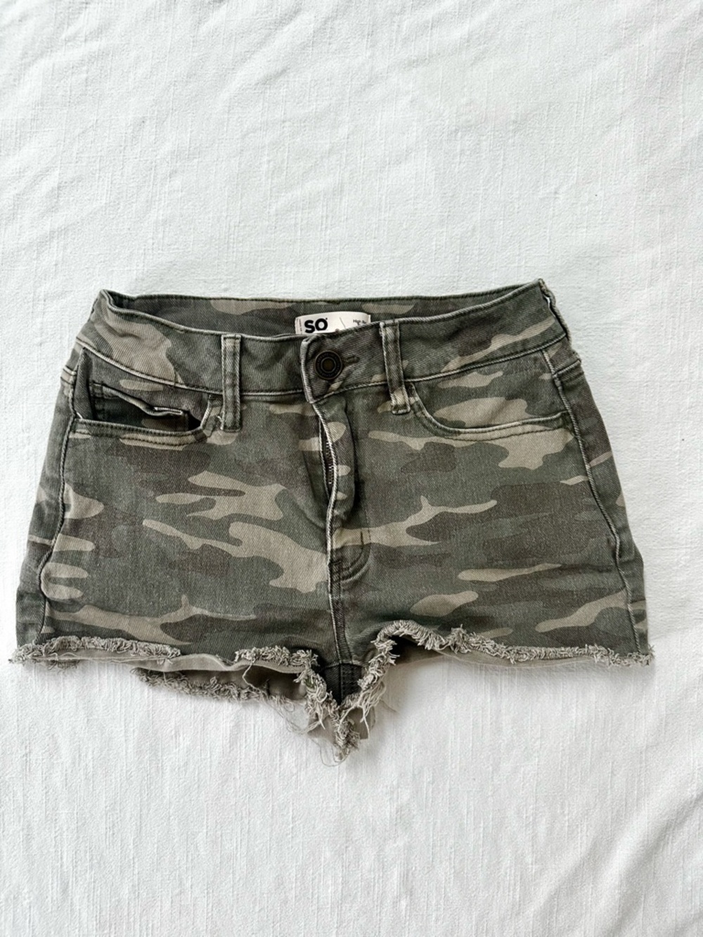 Y2K Camo Micro Shorts Frayed Hem — Army Green S Festival Hot Pants